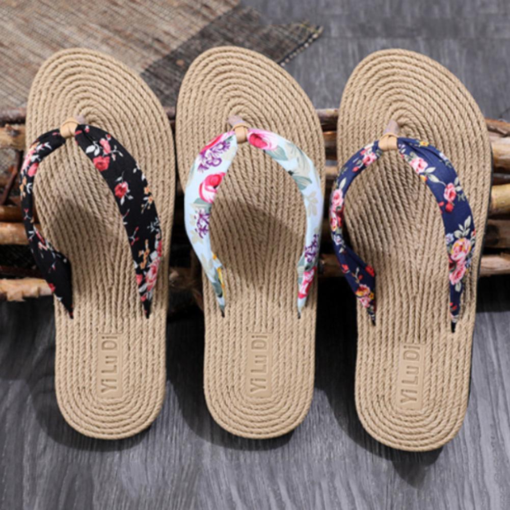 Women Summer Floral Flip Flops Beach Sandals Thongs Slippers Hemp Rope Travel Flip-Flops Unisex Home Slippers Flax Women House Slipper Open-Toe Breathable Slippers