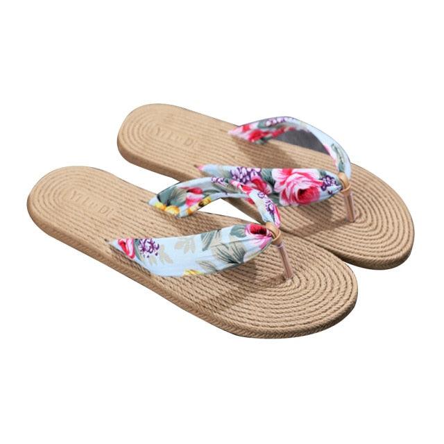 Women Summer Floral Flip Flops Beach Sandals Thongs Slippers Hemp Rope Travel Flip-Flops Unisex Home Slippers Flax Women House Slipper Open-Toe Breathable Slippers