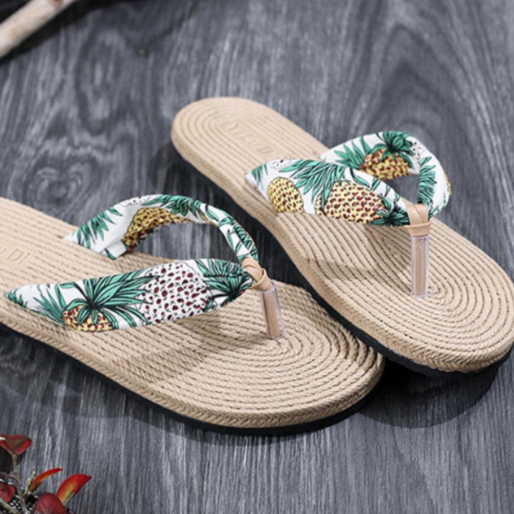 Women Summer Floral Flip Flops Beach Sandals Thongs Slippers Hemp Rope Travel Flip-Flops Unisex Home Slippers Flax Women House Slipper Open-Toe Breathable Slippers