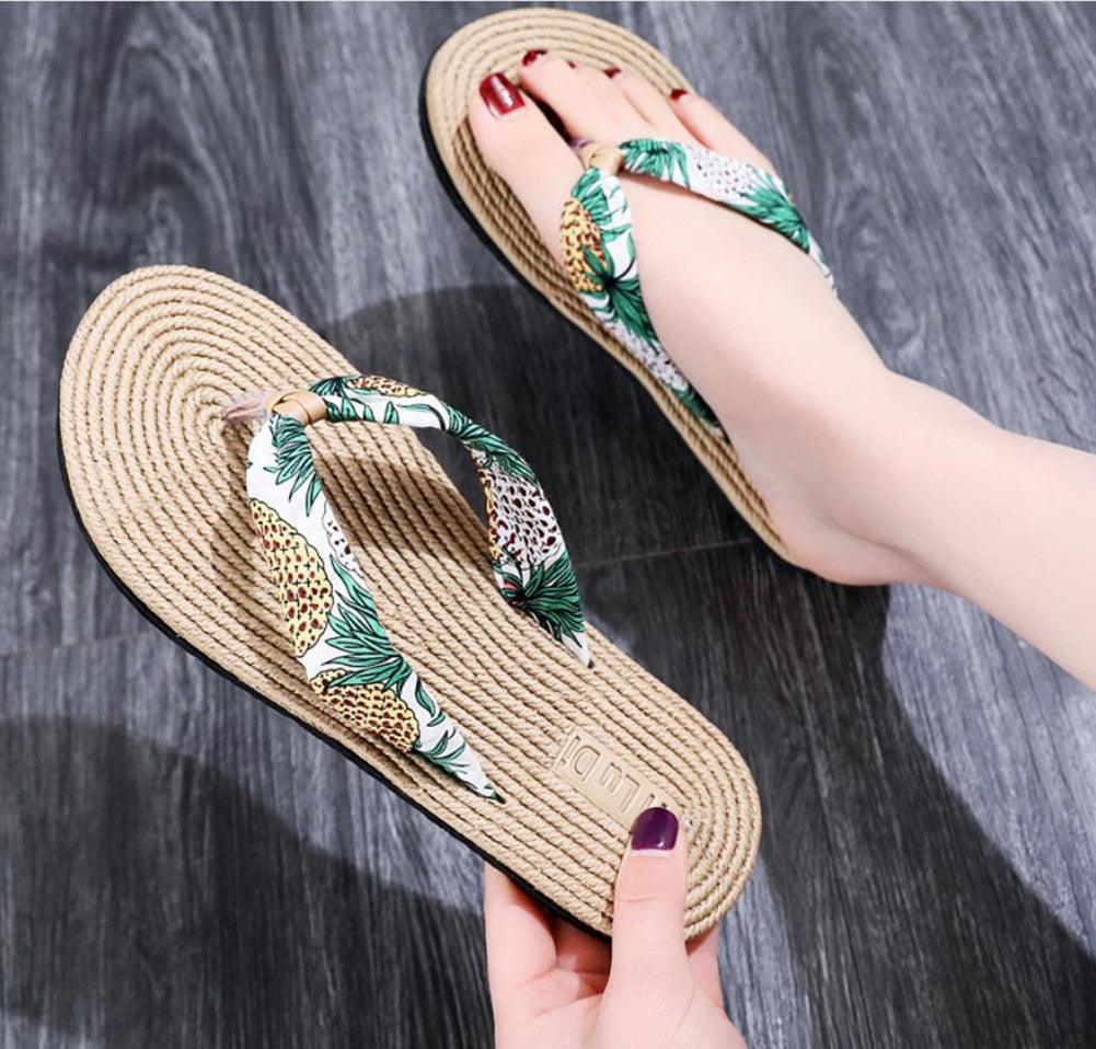 Women Summer Floral Flip Flops Beach Sandals Thongs Slippers Hemp Rope Travel Flip-Flops Unisex Home Slippers Flax Women House Slipper Open-Toe Breathable Slippers