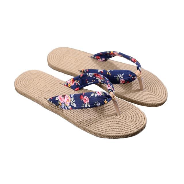 Women Summer Floral Flip Flops Beach Sandals Thongs Slippers Hemp Rope Travel Flip-Flops Unisex Home Slippers Flax Women House Slipper Open-Toe Breathable Slippers