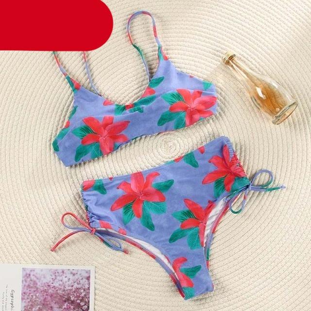 Women Summer Floral Print Swimsuit Modern Bow Swimwear Lace Up Bikini Set Bathing Suit Women Women's Bathing Suit Tie Knot Front Ruffle Bikini Set Two Piece Swimsuit