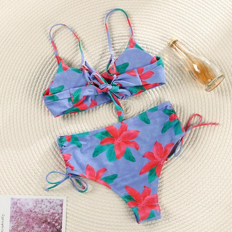 Women Summer Floral Print Swimsuit Modern Bow Swimwear Lace Up Bikini Set Bathing Suit Women Women's Bathing Suit Tie Knot Front Ruffle Bikini Set Two Piece Swimsuit