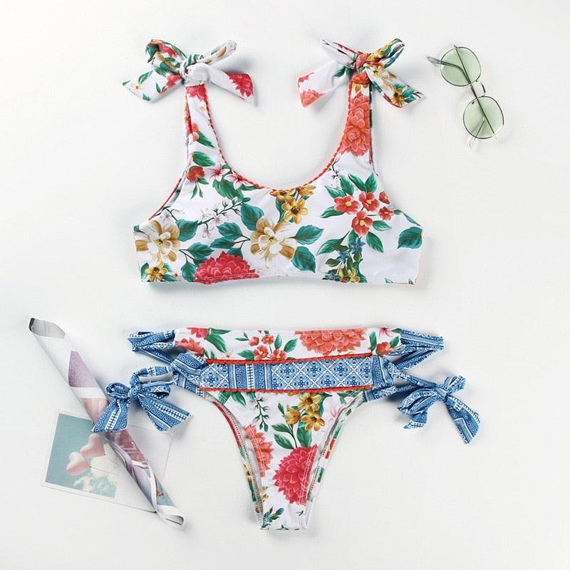 Women Summer Floral Print Swimsuit Modern Bow Swimwear Lace Up Bikini Set Bathing Suit Women Women's Bathing Suit Tie Knot Front Ruffle Bikini Set Two Piece Swimsuit