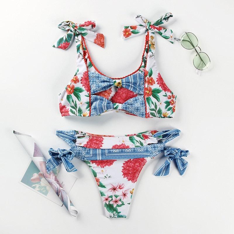 Women Summer Floral Print Swimsuit Modern Bow Swimwear Lace Up Bikini Set Bathing Suit Women Women's Bathing Suit Tie Knot Front Ruffle Bikini Set Two Piece Swimsuit