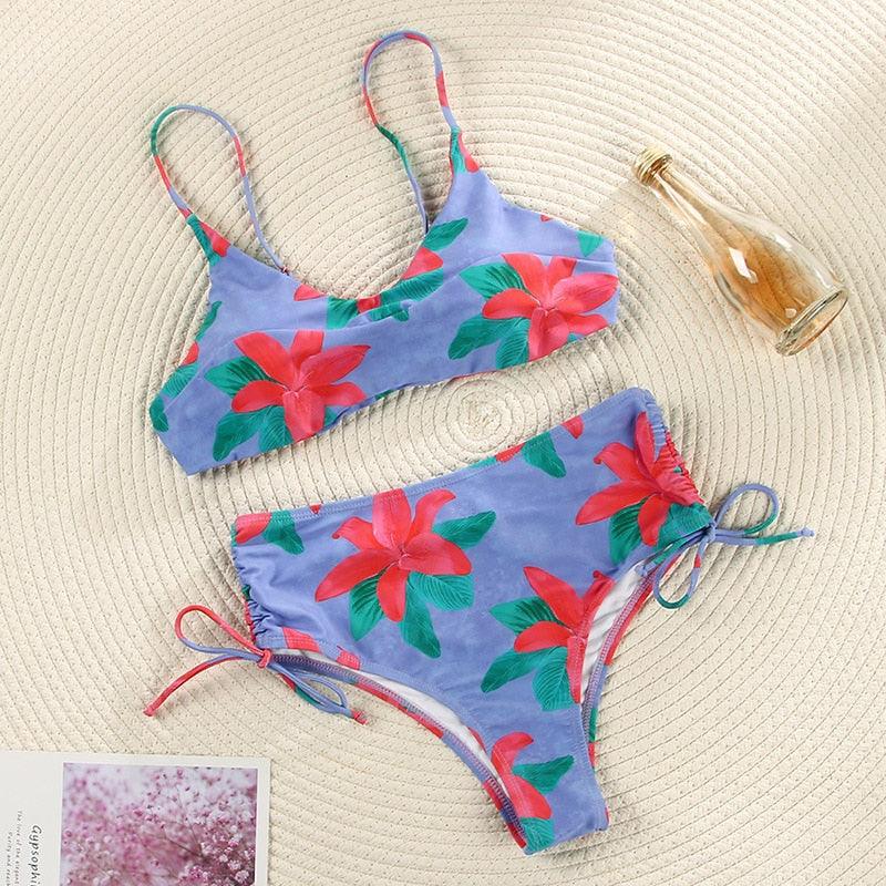 Women Summer Floral Print Swimsuit Modern Bow Swimwear Lace Up Bikini Set Bathing Suit Women Women's Bathing Suit Tie Knot Front Ruffle Bikini Set Two Piece Swimsuit