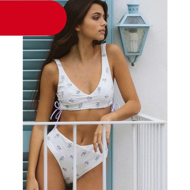 Women Summer Floral Print Swimsuit Modern Bow Swimwear Lace Up Bikini Set Bathing Suit Women Women's Bathing Suit Tie Knot Front Ruffle Bikini Set Two Piece Swimsuit