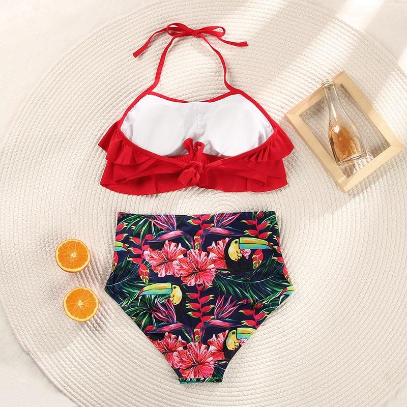 Women Summer Floral Print Swimsuit Modern Bow Swimwear Lace Up Bikini Set Bathing Suit Women Women's Bathing Suit Tie Knot Front Ruffle Bikini Set Two Piece Swimsuit