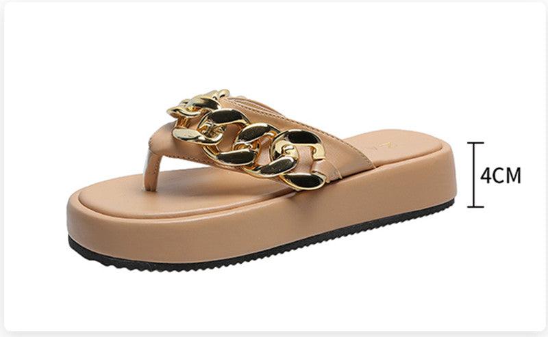 Women Summer Newest Fashion Chain Flip-flops Sandal Slippers Shoes Woman Flat Platform Sandals Casual Flat Slippers Slides Shoes Flat Sandals Casual Summer Shoes