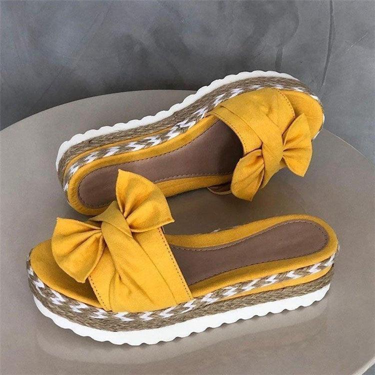 Women Summer Platform Mid Heels Bow Tie Open Toe Fashion Slides Beach Outdoor Shoes Knotted Bow Flat Footbed Sandals For Ladies Open Toe Casual Summer Slide Sandals