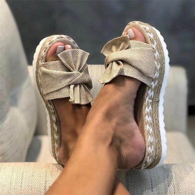 Women Summer Platform Mid Heels Bow Tie Open Toe Fashion Slides Beach Outdoor Shoes Knotted Bow Flat Footbed Sandals For Ladies Open Toe Casual Summer Slide Sandals