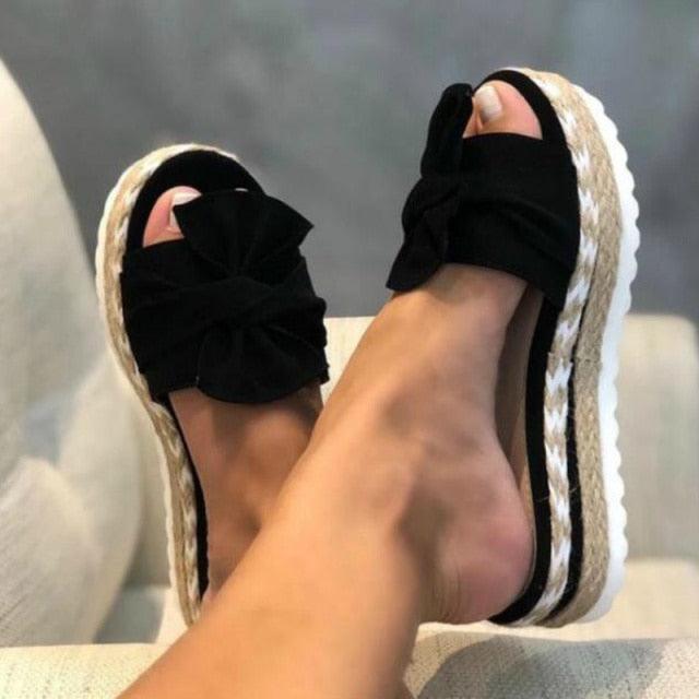 Women Summer Platform Mid Heels Bow Tie Open Toe Fashion Slides Beach Outdoor Shoes Knotted Bow Flat Footbed Sandals For Ladies Open Toe Casual Summer Slide Sandals