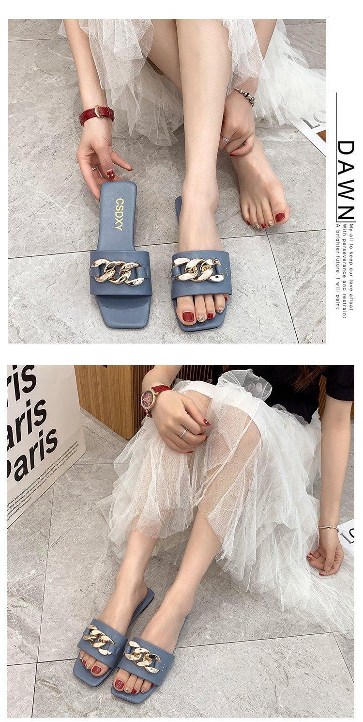 Women Summer Slipper Square Toe Chain Slippers Slip On Flat Slide Sandals Beach Flip Flops Casual Shoes Woman Heel Shoes Open Toe Slip On Dress Backless Heels Slides Slippers