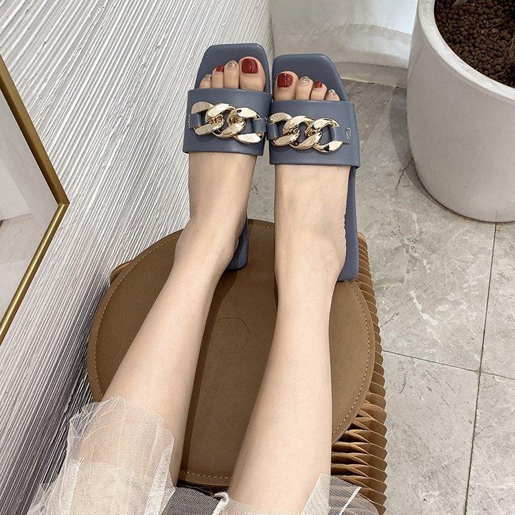 Women Summer Slipper Square Toe Chain Slippers Slip On Flat Slide Sandals Beach Flip Flops Casual Shoes Woman Heel Shoes Open Toe Slip On Dress Backless Heels Slides Slippers