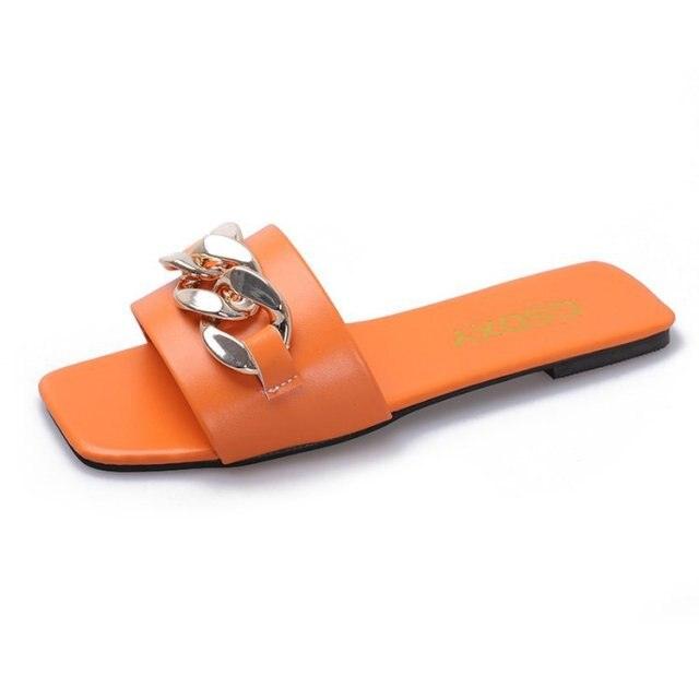 Women Summer Slipper Square Toe Chain Slippers Slip On Flat Slide Sandals Beach Flip Flops Casual Shoes Woman Heel Shoes Open Toe Slip On Dress Backless Heels Slides Slippers