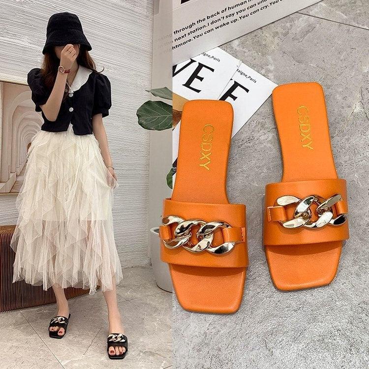 Women Summer Slipper Square Toe Chain Slippers Slip On Flat Slide Sandals Beach Flip Flops Casual Shoes Woman Heel Shoes Open Toe Slip On Dress Backless Heels Slides Slippers