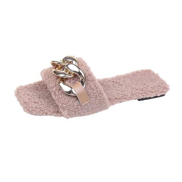 Women Summer Slipper Square Toe Chain Slippers Slip On Flat Slide Sandals Beach Flip Flops Casual Shoes Woman Heel Shoes Open Toe Slip On Dress Backless Heels Slides Slippers