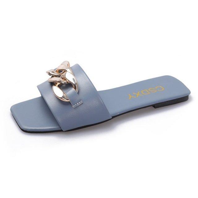 Women Summer Slipper Square Toe Chain Slippers Slip On Flat Slide Sandals Beach Flip Flops Casual Shoes Woman Heel Shoes Open Toe Slip On Dress Backless Heels Slides Slippers