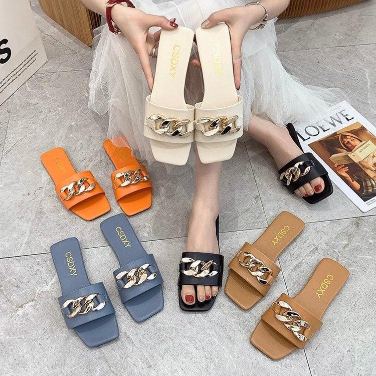 Women Summer Slipper Square Toe Chain Slippers Slip On Flat Slide Sandals Beach Flip Flops Casual Shoes Woman Heel Shoes Open Toe Slip On Dress Backless Heels Slides Slippers