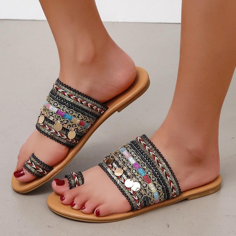 Women Summer Style Beautiful Flat Slippers Casual Comfortable Beach Women Sandals Strappy Flat Open Toe Ring Sandals Wide Comfortable Leather Shiny Sandals