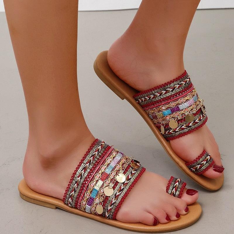 Women Summer Style Beautiful Flat Slippers Casual Comfortable Beach Women Sandals Strappy Flat Open Toe Ring Sandals Wide Comfortable Leather Shiny Sandals