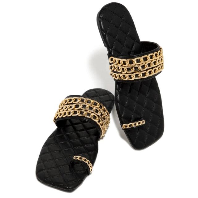 Women Summer Weave Slides Chain Decorative Flip Flops Outdoor Casual Sandals Square Heel Slippers Metal Chain Elastic Slingback Cute Flat Dressy Casual Summer Beach Sandals