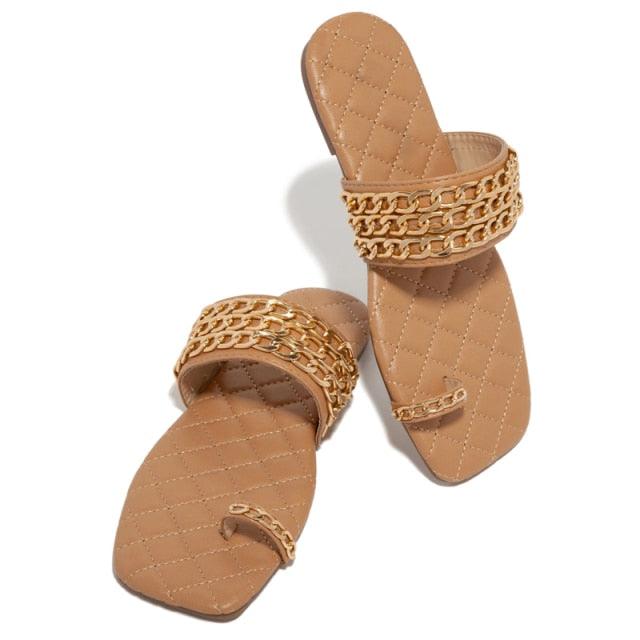 Women Summer Weave Slides Chain Decorative Flip Flops Outdoor Casual Sandals Square Heel Slippers Metal Chain Elastic Slingback Cute Flat Dressy Casual Summer Beach Sandals