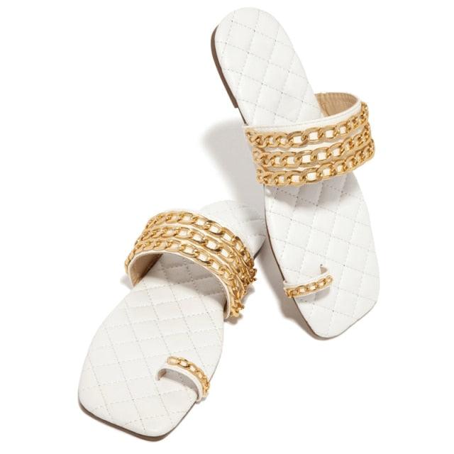 Women Summer Weave Slides Chain Decorative Flip Flops Outdoor Casual Sandals Square Heel Slippers Metal Chain Elastic Slingback Cute Flat Dressy Casual Summer Beach Sandals