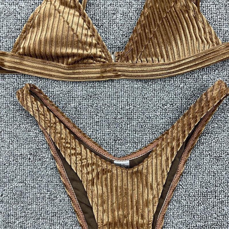 Women Swimsuit Triangle Micro Bikini Set Solid Swimwear Women's Swimsuit Halter Ribbed String Bathing Suit Bikini Set High Cut Swimming Bathing Suit Beachwear