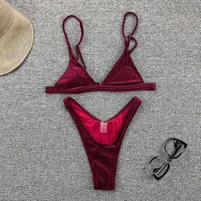 Women Swimsuit Triangle Micro Bikini Set Solid Swimwear Women's Swimsuit Halter Ribbed String Bathing Suit Bikini Set High Cut Swimming Bathing Suit Beachwear