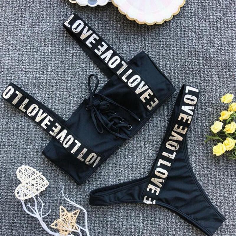 Women  Two Piece Swimsuit Push Up Bikini Swimsuit For Women Two Piece High Waist Crisscross Halter Bikini Letter Printed Bathing Suits 2 Piece Bikini Luxury Bikini Set Sports Swimwear Swimsuit Backless Beachwear Bathing Suit