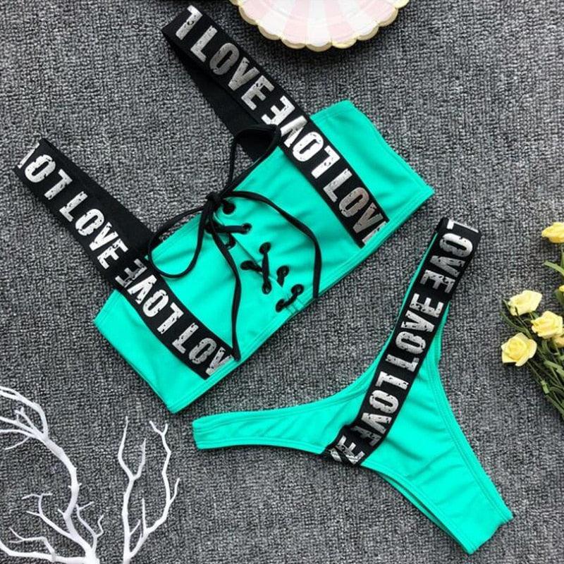 Women  Two Piece Swimsuit Push Up Bikini Swimsuit For Women Two Piece High Waist Crisscross Halter Bikini Letter Printed Bathing Suits 2 Piece Bikini Luxury Bikini Set Sports Swimwear Swimsuit Backless Beachwear Bathing Suit