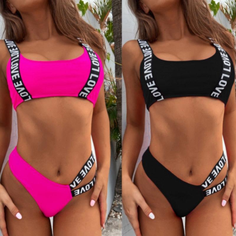 Women  Two Piece Swimsuit Push Up Bikini Swimsuit For Women Two Piece High Waist Crisscross Halter Bikini Letter Printed Bathing Suits 2 Piece Bikini Luxury Bikini Set Sports Swimwear Swimsuit Backless Beachwear Bathing Suit