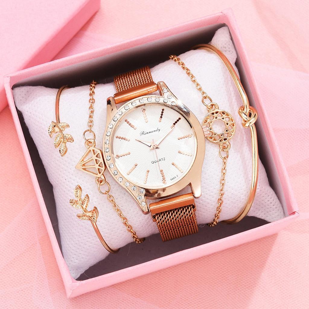 Women Watches New Luxury Fashion Quartz Ladies Watch Clock Rose Gold Diamond Dial Dress Casual Wristwatch Quartz Movement Girls Ladies Wristwatch Big Face Mesh Belt Watch And Bracelet Set