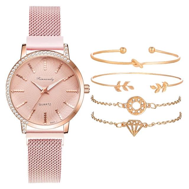 Women Watches New Luxury Fashion Quartz Ladies Watch Clock Rose Gold Diamond Dial Dress Casual Wristwatch Quartz Movement Girls Ladies Wristwatch Big Face Mesh Belt Watch And Bracelet Set