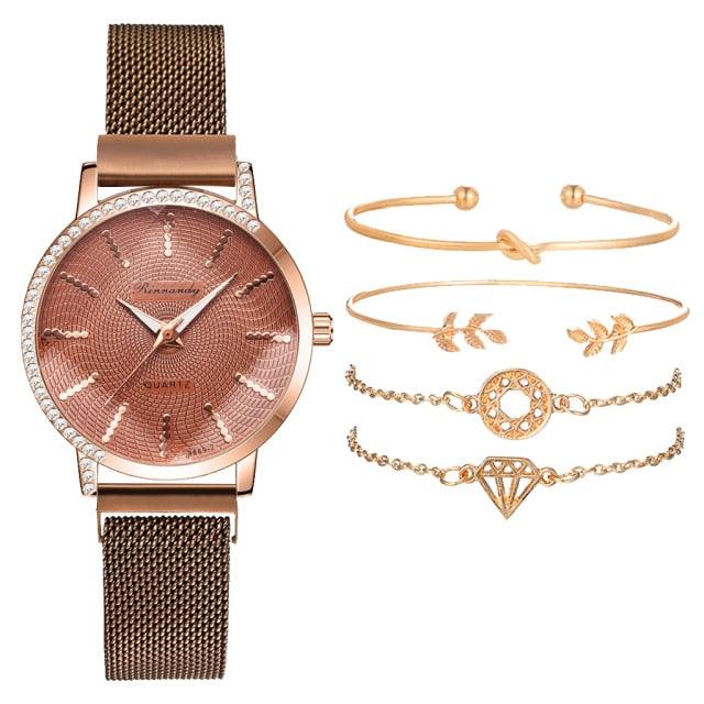 Women Watches New Luxury Fashion Quartz Ladies Watch Clock Rose Gold Diamond Dial Dress Casual Wristwatch Quartz Movement Girls Ladies Wristwatch Big Face Mesh Belt Watch And Bracelet Set