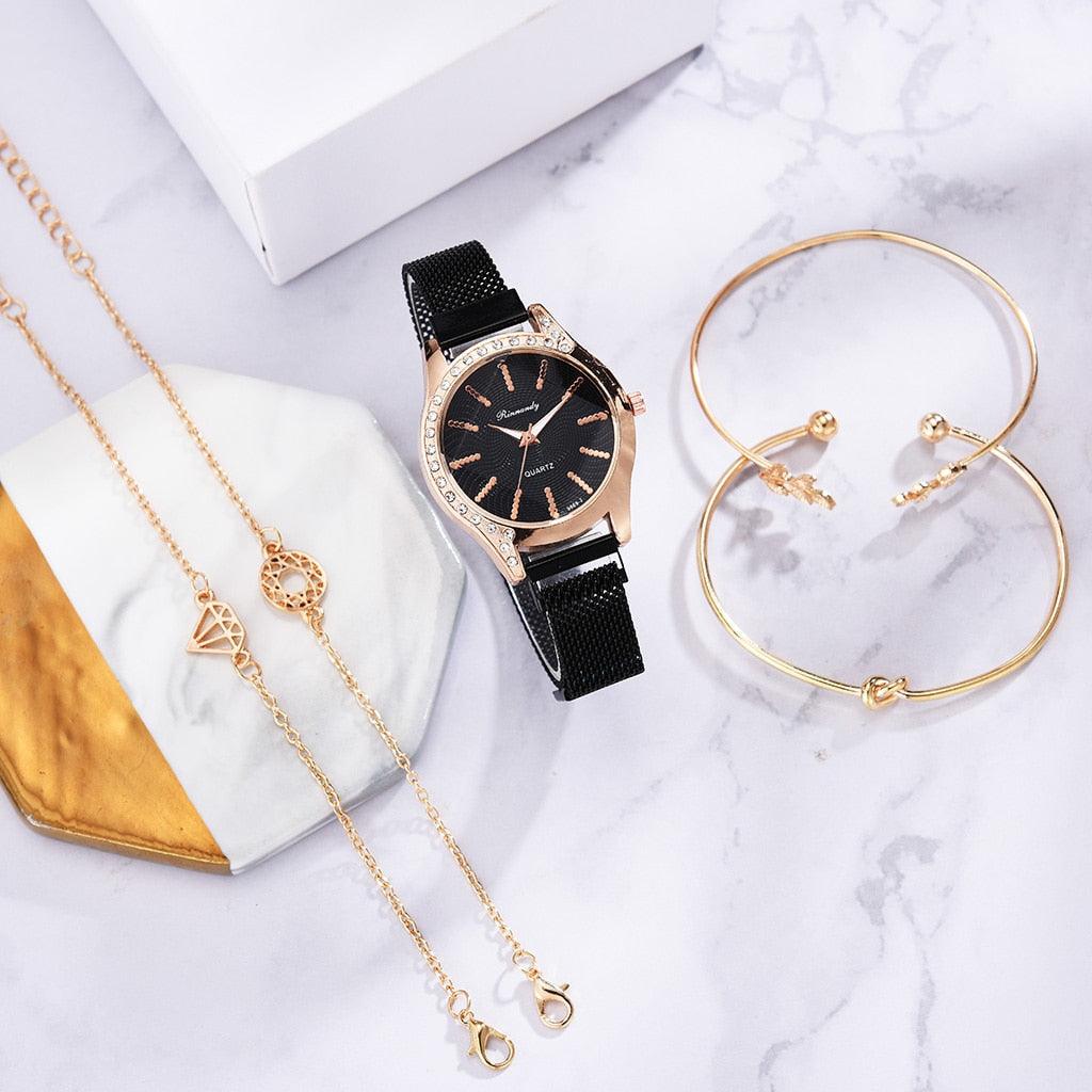 Women Watches New Luxury Fashion Quartz Ladies Watch Clock Rose Gold Diamond Dial Dress Casual Wristwatch Quartz Movement Girls Ladies Wristwatch Big Face Mesh Belt Watch And Bracelet Set