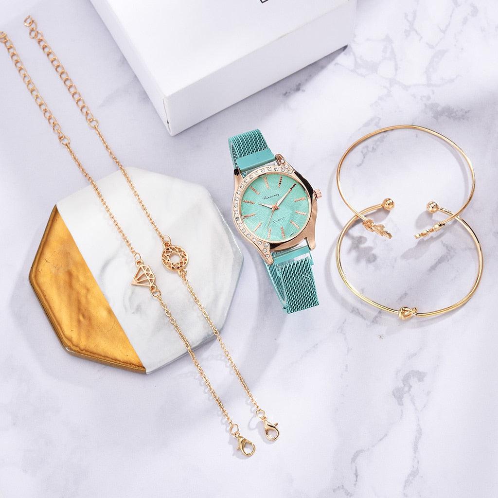 Women Watches New Luxury Fashion Quartz Ladies Watch Clock Rose Gold Diamond Dial Dress Casual Wristwatch Quartz Movement Girls Ladies Wristwatch Big Face Mesh Belt Watch And Bracelet Set