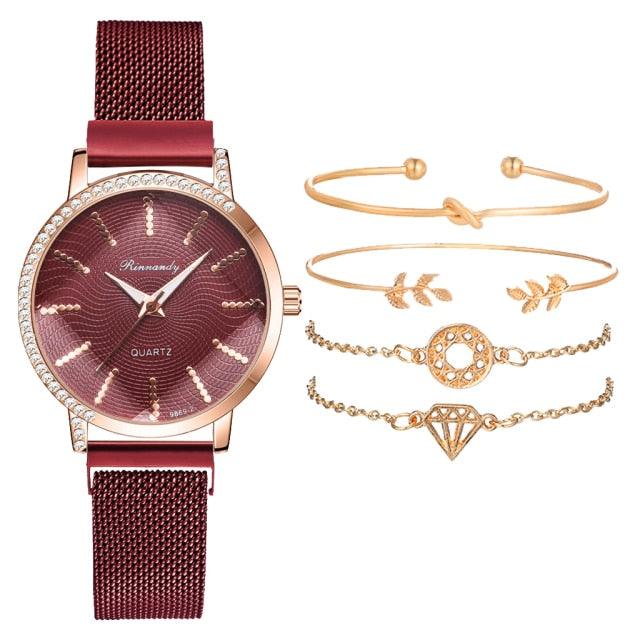 Women Watches New Luxury Fashion Quartz Ladies Watch Clock Rose Gold Diamond Dial Dress Casual Wristwatch Quartz Movement Girls Ladies Wristwatch Big Face Mesh Belt Watch And Bracelet Set