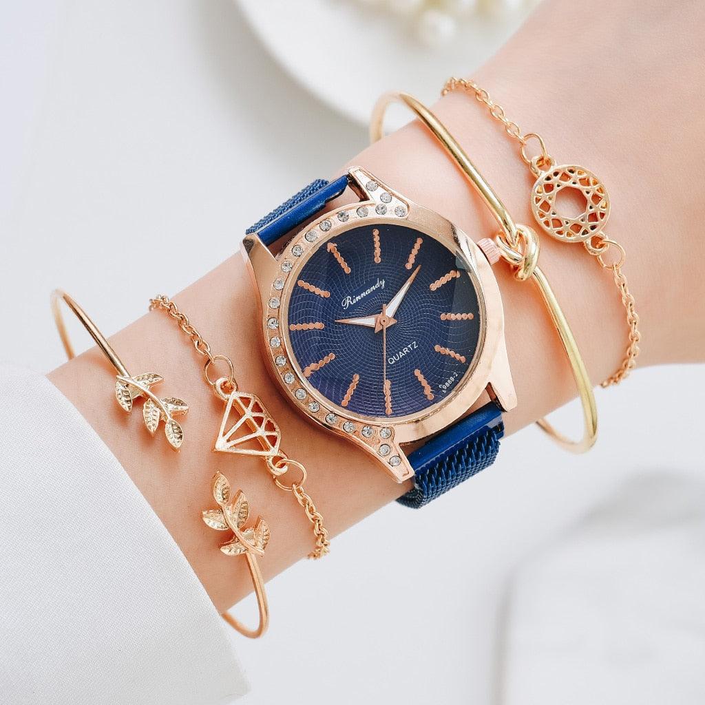 Women Watches New Luxury Fashion Quartz Ladies Watch Clock Rose Gold Diamond Dial Dress Casual Wristwatch Quartz Movement Girls Ladies Wristwatch Big Face Mesh Belt Watch And Bracelet Set