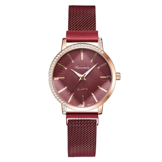 Women Watches New Luxury Fashion Quartz Ladies Watch Clock Rose Gold Diamond Dial Dress Casual Wristwatch Quartz Movement Girls Ladies Wristwatch Big Face Mesh Belt Watch And Bracelet Set