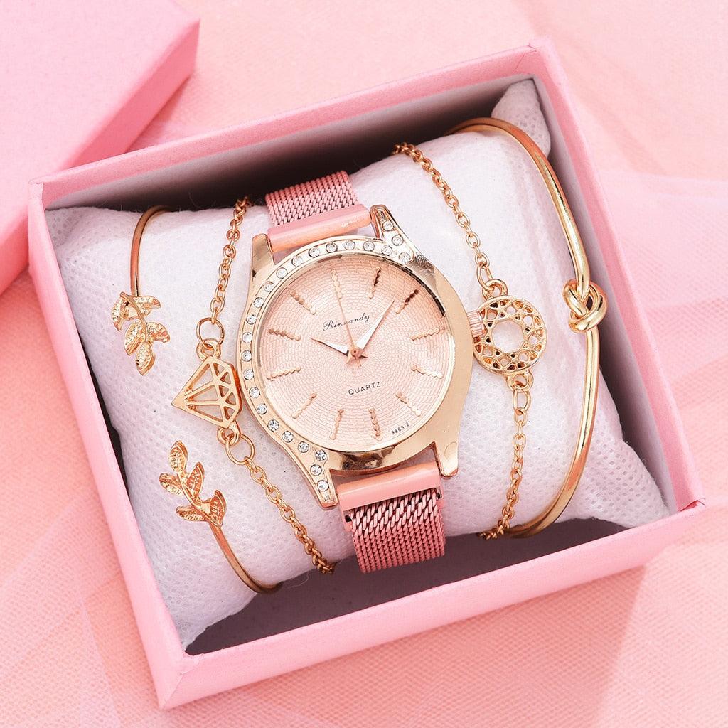 Women Watches New Luxury Fashion Quartz Ladies Watch Clock Rose Gold Diamond Dial Dress Casual Wristwatch Quartz Movement Girls Ladies Wristwatch Big Face Mesh Belt Watch And Bracelet Set