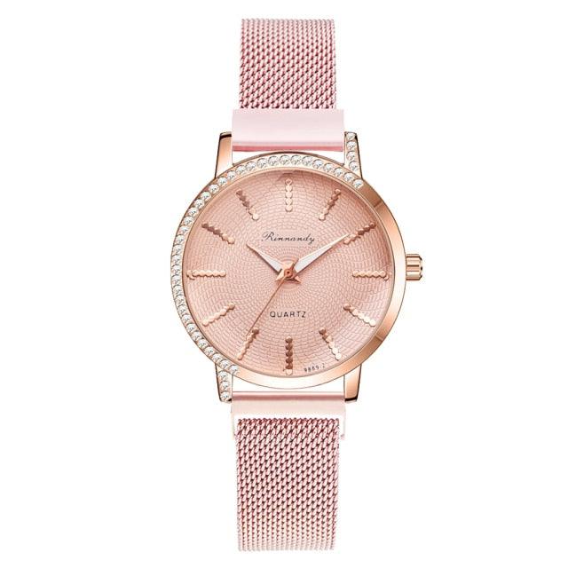 Women Watches New Luxury Fashion Quartz Ladies Watch Clock Rose Gold Diamond Dial Dress Casual Wristwatch Quartz Movement Girls Ladies Wristwatch Big Face Mesh Belt Watch And Bracelet Set