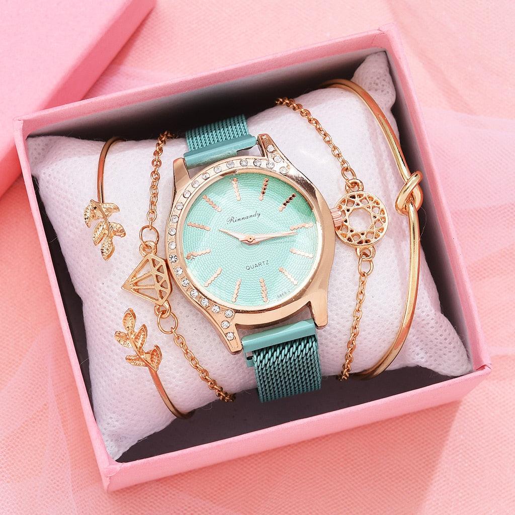 Women Watches New Luxury Fashion Quartz Ladies Watch Clock Rose Gold Diamond Dial Dress Casual Wristwatch Quartz Movement Girls Ladies Wristwatch Big Face Mesh Belt Watch And Bracelet Set