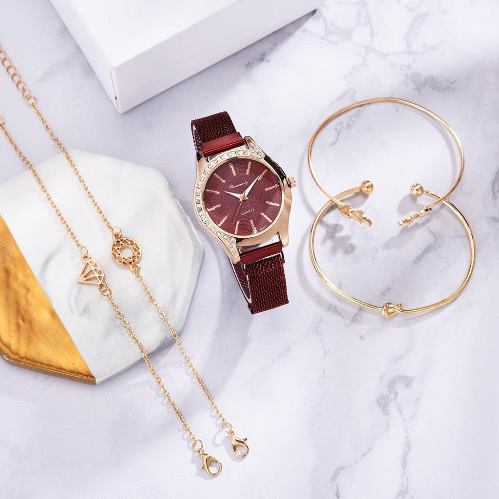 Women Watches New Luxury Fashion Quartz Ladies Watch Clock Rose Gold Diamond Dial Dress Casual Wristwatch Quartz Movement Girls Ladies Wristwatch Big Face Mesh Belt Watch And Bracelet Set