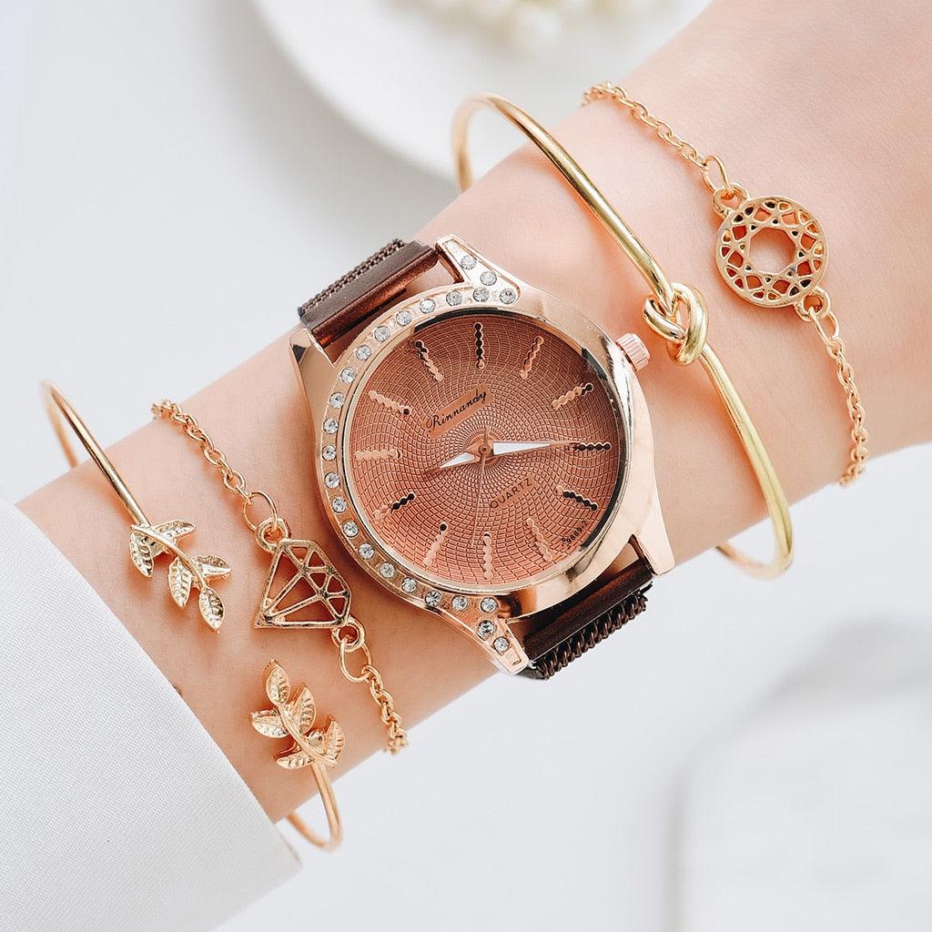 Women Watches New Luxury Fashion Quartz Ladies Watch Clock Rose Gold Diamond Dial Dress Casual Wristwatch Quartz Movement Girls Ladies Wristwatch Big Face Mesh Belt Watch And Bracelet Set