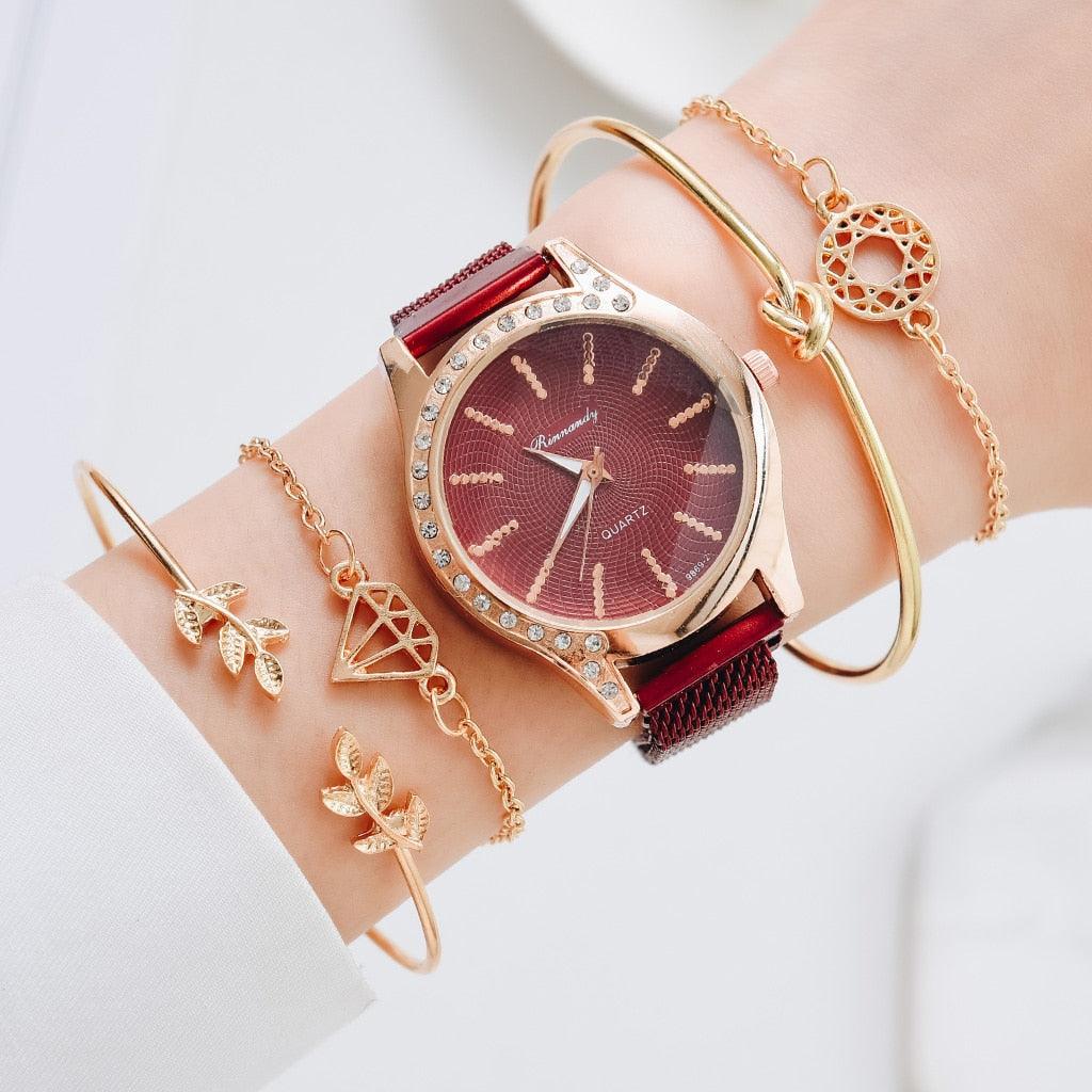 Women Watches New Luxury Fashion Quartz Ladies Watch Clock Rose Gold Diamond Dial Dress Casual Wristwatch Quartz Movement Girls Ladies Wristwatch Big Face Mesh Belt Watch And Bracelet Set