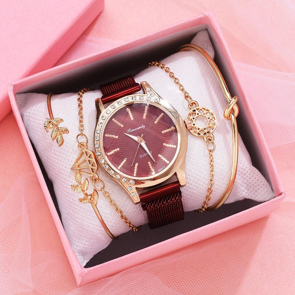 Women Watches New Luxury Fashion Quartz Ladies Watch Clock Rose Gold Diamond Dial Dress Casual Wristwatch Quartz Movement Girls Ladies Wristwatch Big Face Mesh Belt Watch And Bracelet Set