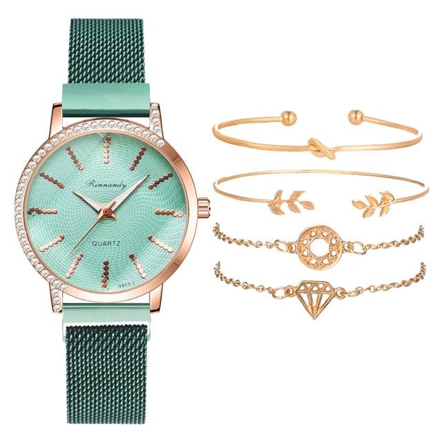 Women Watches New Luxury Fashion Quartz Ladies Watch Clock Rose Gold Diamond Dial Dress Casual Wristwatch Quartz Movement Girls Ladies Wristwatch Big Face Mesh Belt Watch And Bracelet Set