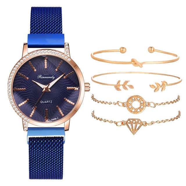 Women Watches New Luxury Fashion Quartz Ladies Watch Clock Rose Gold Diamond Dial Dress Casual Wristwatch Quartz Movement Girls Ladies Wristwatch Big Face Mesh Belt Watch And Bracelet Set